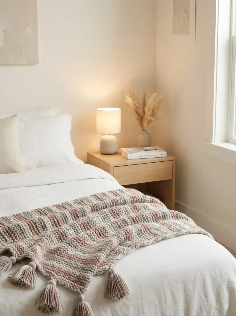 College apartment bedroom with minimal bedside table, small lamp, one book, neutral tones, clean and uncluttered surface, cozy feminine vibe, soft lighting, simple decor, modern minimal styling, warm atmosphere, calm and tidy environment

