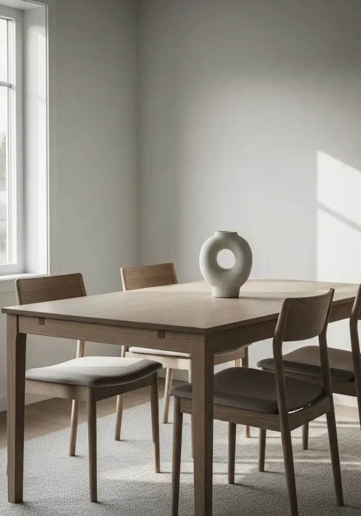 Minimalist dining area with wooden table, single ceramic centerpiece, neutral chairs, soft natural light streaming from window, clean, uncluttered styling, cozy Scandinavian atmosphere, realistic Pinterest-style interior photography with warm tones and calm mood.

