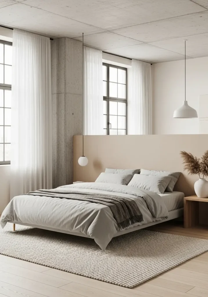 Minimal loft apartment bedroom with soft beige and cream tones, clean lines, feminine neutral decor, small loft sleeping space, simple bedding, floating shelf, warm bedside lamp, pale textured rug, uncluttered layout, calming modern mood, tiny apartment charm, elegant styling, airy and restful atmosphere, soft natural light, polished but cozy feel for a stylish small loft

