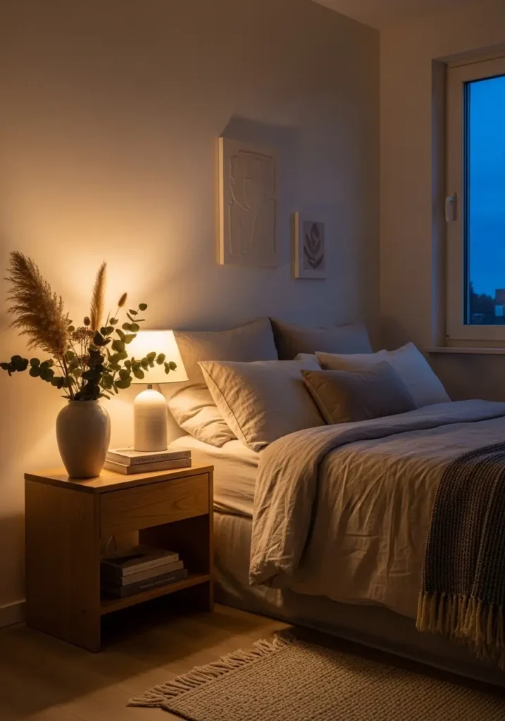 bedside setup with minimal nightstand decor, a ceramic vase with dried flowers, a warm table lamp, stacked books, a neutral bedding background, soft evening lighting, cozy textures, realistic interior photography style, a calming composition with balanced negative space, and a warm, peaceful atmosphere.