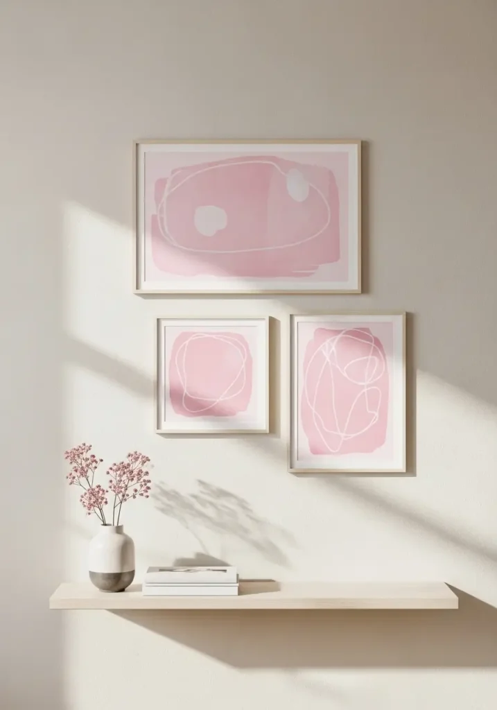 Minimal apartment wall with pink toned artwork, simple frames, neutral wall color, clean layout, soft aesthetic, modern feminine decor, uncluttered space, light shadows, balanced composition with subtle pink accents

