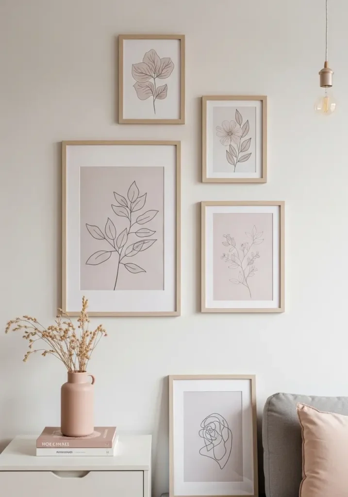 Small apartment wall styled with minimal wall art, soft neutral tones, simple light frames, balanced layout, feminine decor touches, clean aesthetic, cozy atmosphere, modern minimal living style, soft lighting, uncluttered background, calm and peaceful interior composition

