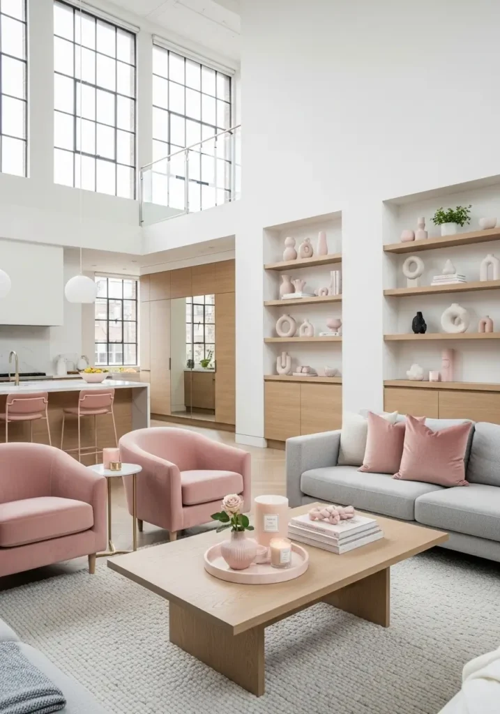 Elegant minimalist loft with soft furniture, clean lines, blush accents, light wood finishes, soft velvet chairs, feminine touches like decorative trays, blush-toned pillows, airy space, open shelving, modern decor blending with soft elements.