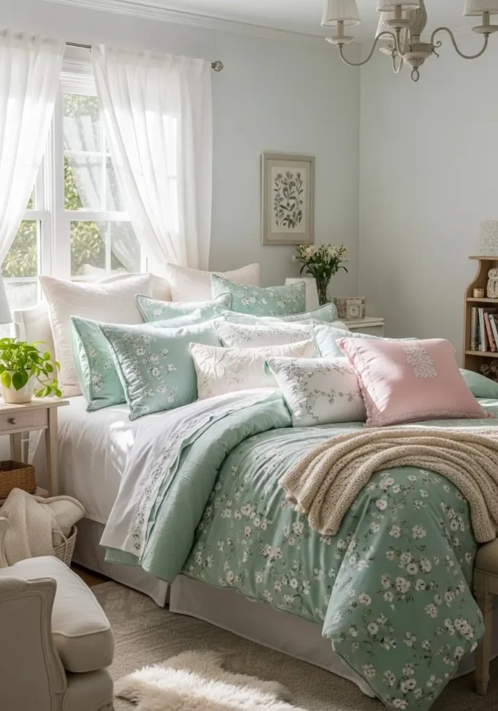 bedroom featuring mint floral bedding layered with soft pillows, airy white curtains glowing with daylight, delicate botanical decor, cozy textures, warm natural lighting, realistic interior photography emphasizing feminine charm, calm pastel palette, inviting atmosphere with soft shadows and detailed fabric textures.