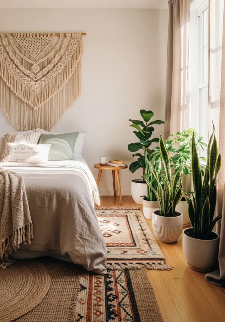 Boho-inspired bedroom featuring mint accents, macrame wall hanging above bed, layered woven rugs, indoor plants near window, warm sunlight filtering through curtains, Pinterest-style interior photography with natural textures, cozy feminine aesthetic, realistic lighting highlighting relaxed and inviting atmosphere.

