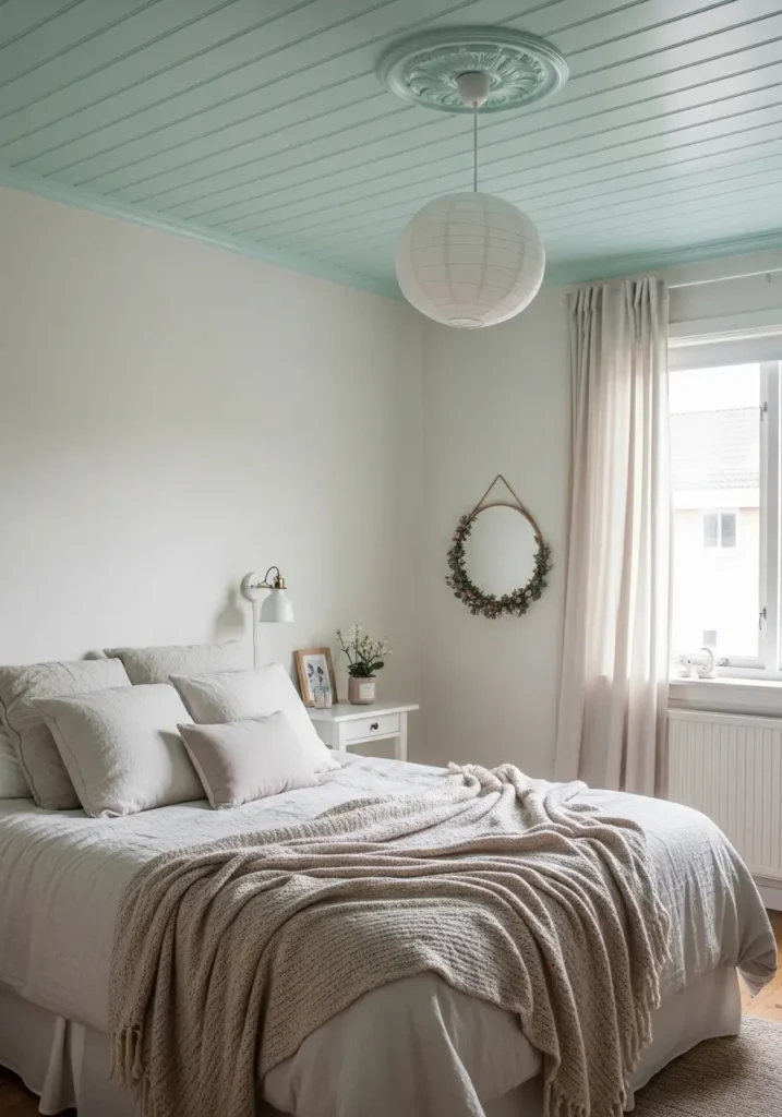 bedroom featuring a soft mint-painted ceiling with neutral cream walls, a cozy bed layered with textured blankets, warm bedside lighting casting gentle upward shadows, airy curtains allowing natural daylight, minimal decor styling, realistic interior photography capturing soft pastel tones, a calm atmosphere, a feminine, cozy aesthetic with balanced lighting and natural textures.