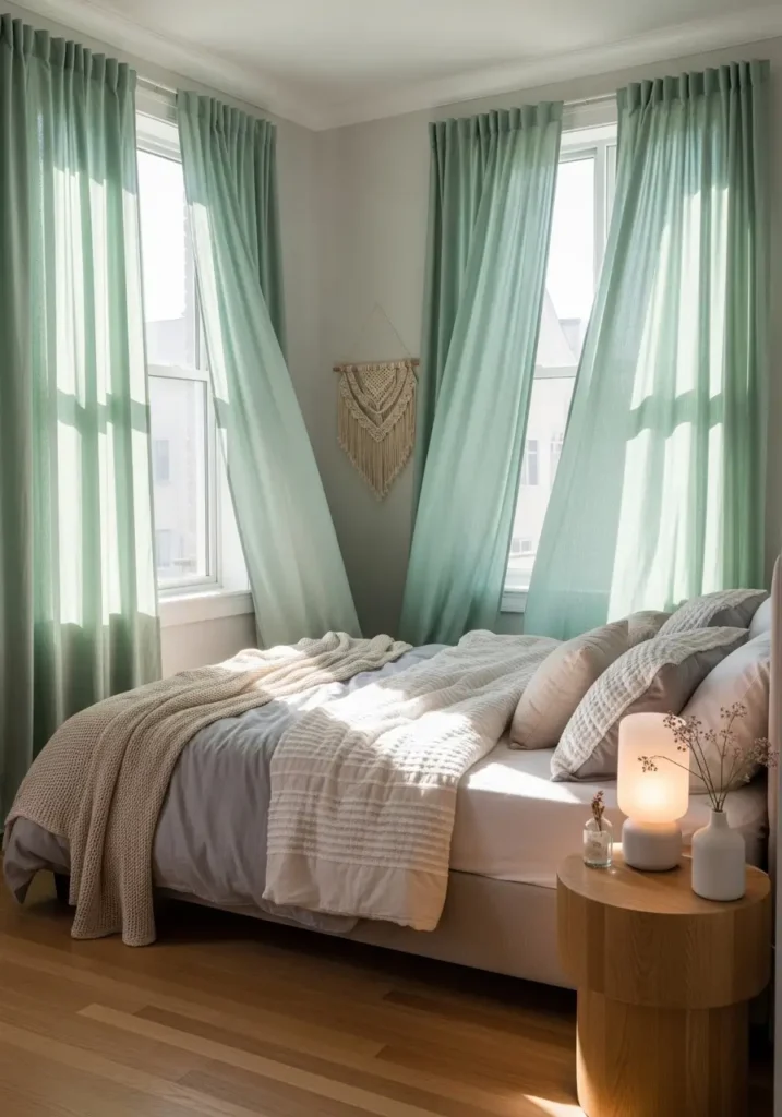 Cozy bedroom with flowing mint curtains illuminated by warm daylight, soft shadows across bedding, neutral walls, wooden flooring, airy Pinterest aesthetic, delicate textures, realistic lighting capturing gentle movement and calm feminine atmosphere.

