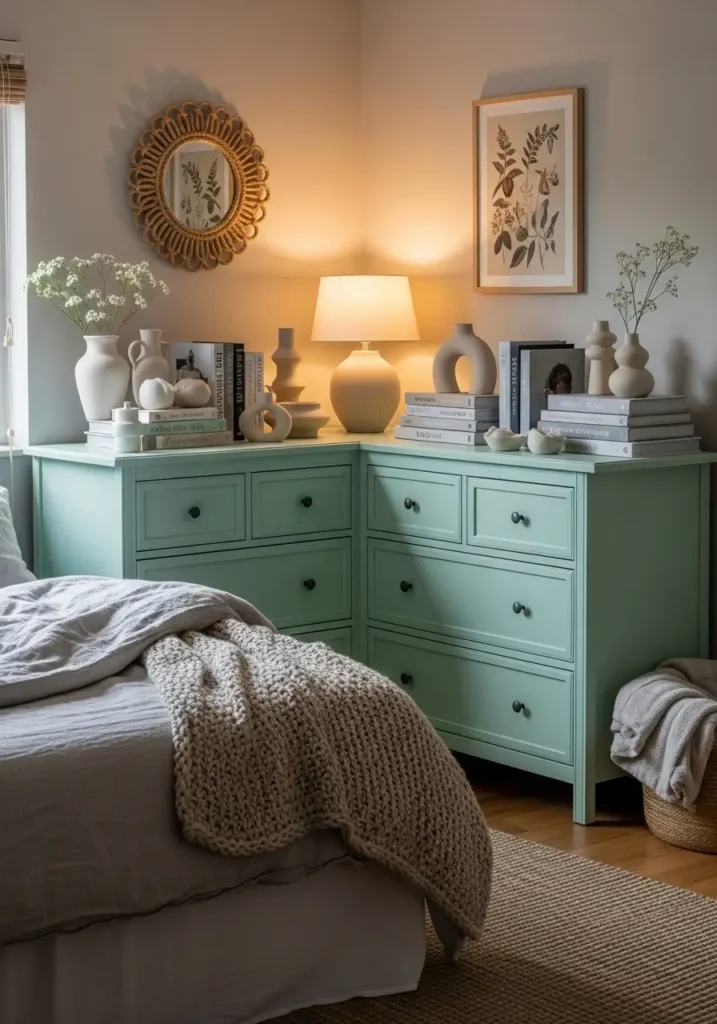 Bedroom corner featuring mint painted dresser styled with books and ceramic decor, warm lighting glow, neutral bedding nearby, cozy Pinterest-style interior photography with realistic textures, calm pastel palette and inviting atmosphere.

