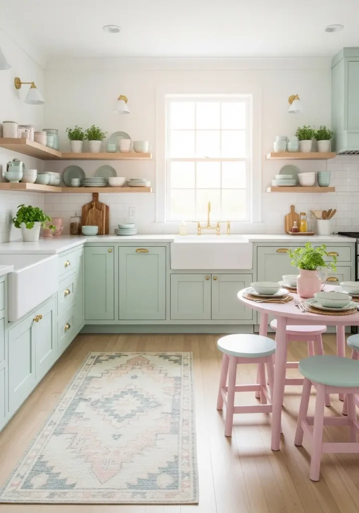 Bright kitchen with mint green cabinets, white countertops, open wooden shelves with pastel-colored dishware, brass handles, soft light filtering through window, pastel rug on floor, and small pastel dining table with stools.