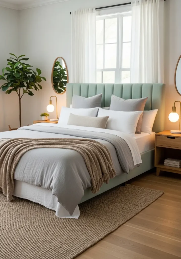 Modern bedroom featuring mint upholstered headboard, layered neutral bedding, warm bedside lighting, cozy textures, Pinterest-inspired styling, realistic interior photography highlighting softness and comfort.

