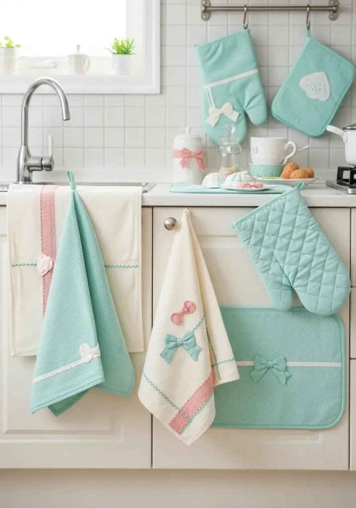 Minimal kawaii kitchen with mint green linens, soft dish towels, pastel oven mitts, white cabinets, cream countertop, simple clean layout, gentle sunlight, cozy feminine details, airy pastel decor with sweet calm styling and tidy kitchen feeling.