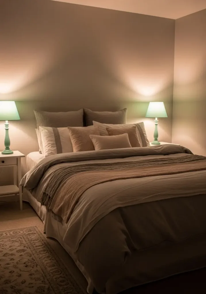 Bedroom illuminated by mint lampshades casting warm ambient light, cozy layered bedding, neutral walls, soft shadows across textures, Pinterest-style interior photography capturing nighttime calm atmosphere, realistic lighting balance with feminine cozy aesthetic and gentle pastel tones.

