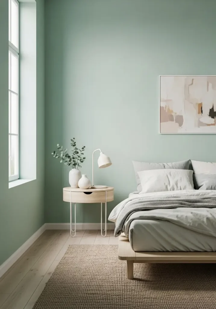 Minimalist mint bedroom featuring simple furniture, uncluttered styling, neutral bedding, soft daylight entering room, Pinterest-inspired calm aesthetic, realistic textures emphasizing peaceful simplicity and airy atmosphere.