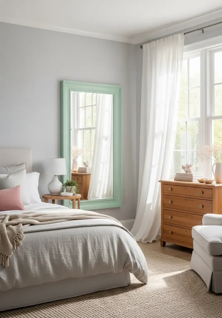 Bright bedroom featuring a mint-framed mirror reflecting natural sunlight, neutral bedding nearby, airy curtains, warm wooden furniture accents, Pinterest-inspired styling, realistic lighting and reflections, a calm pastel interior mood with a cozy, feminine atmosphere and detailed textures.

