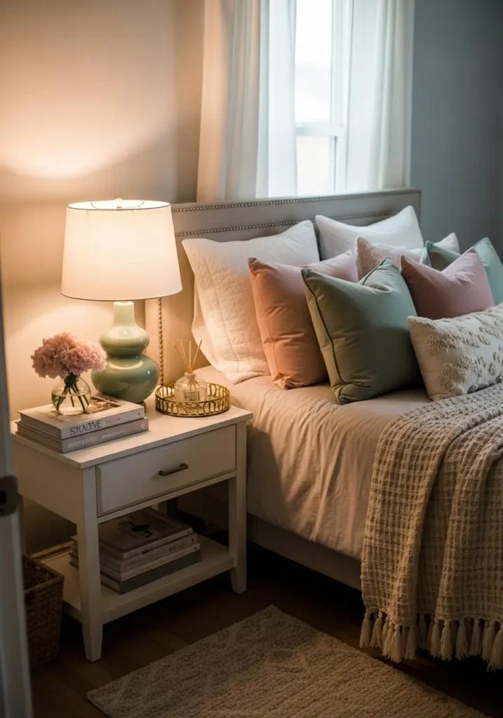 Styled bedside table featuring mint ceramic lamp, stacked books, decorative tray, soft warm lighting glow, neutral bedding visible nearby, Pinterest-inspired bedroom styling, realistic textures and shadows, cozy feminine atmosphere emphasizing calm organization and soft pastel accents.

