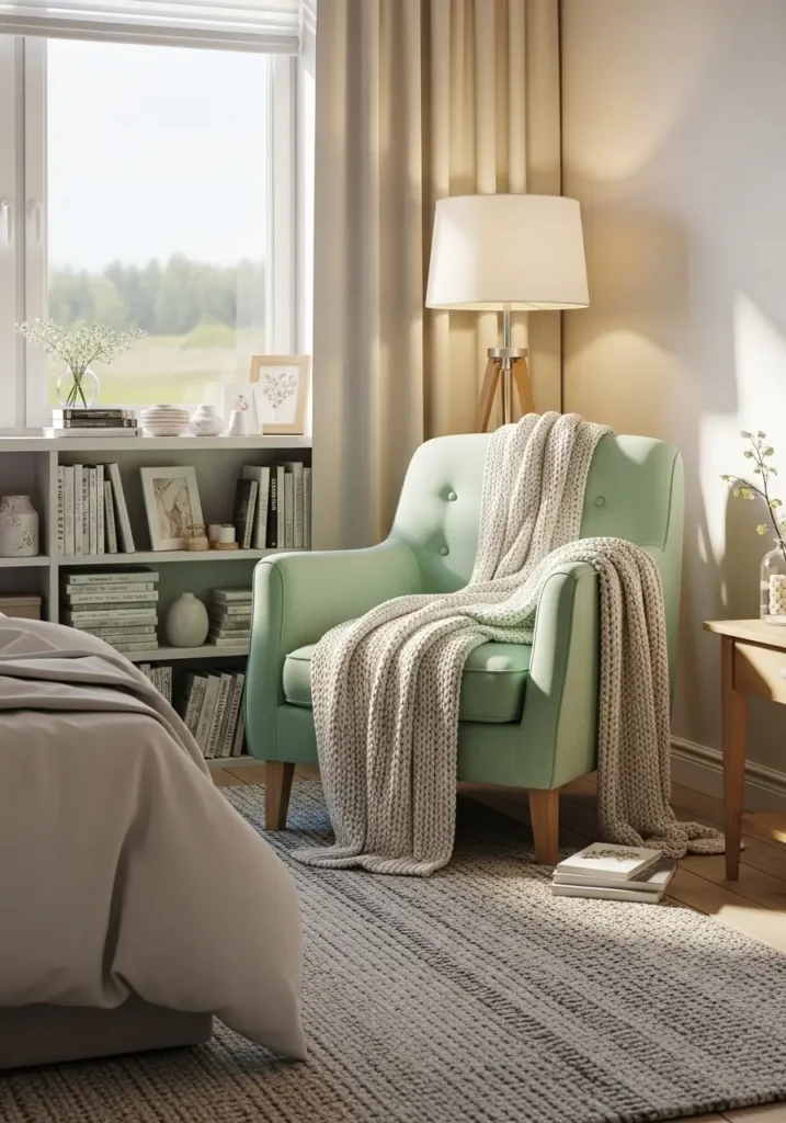 Cozy bedroom reading nook featuring a mint accent chair beside a window, a soft throw blanket draped naturally, a warm floor lamp glow, a small bookshelf nearby, neutral rug textures, Pinterest-style interior photography with realistic lighting, a peaceful, feminine atmosphere highlighting comfort and quiet relaxation.

