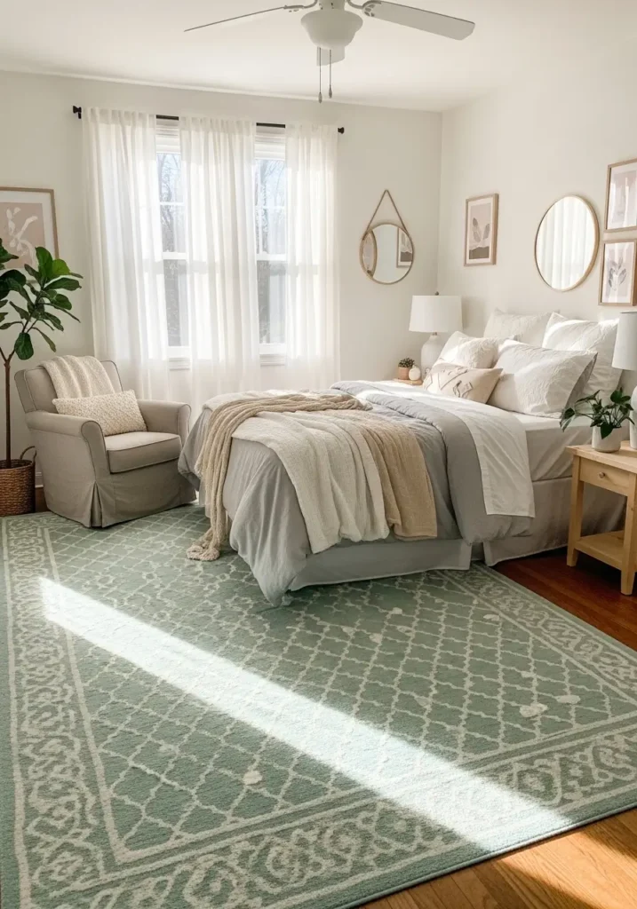 Cozy bedroom featuring a mint-patterned area rug partially under a bed, layered neutral bedding, warm sunlight entering through sheer curtains, wooden flooring visible around edges, Pinterest-inspired interior styling, realistic textures and shadows, soft, feminine atmosphere highlighting comfort and gentle color balance.

