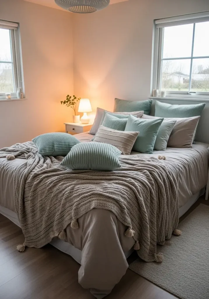 bedroom featuring layered mint throw pillows on neutral bedding, cozy textured blankets, warm bedside lighting creating soft shadows, minimal decor styling, airy feminine aesthetic, realistic interior photography capturing fabric textures, calm pastel tones, inviting cozy atmosphere with balanced natural and warm lighting.