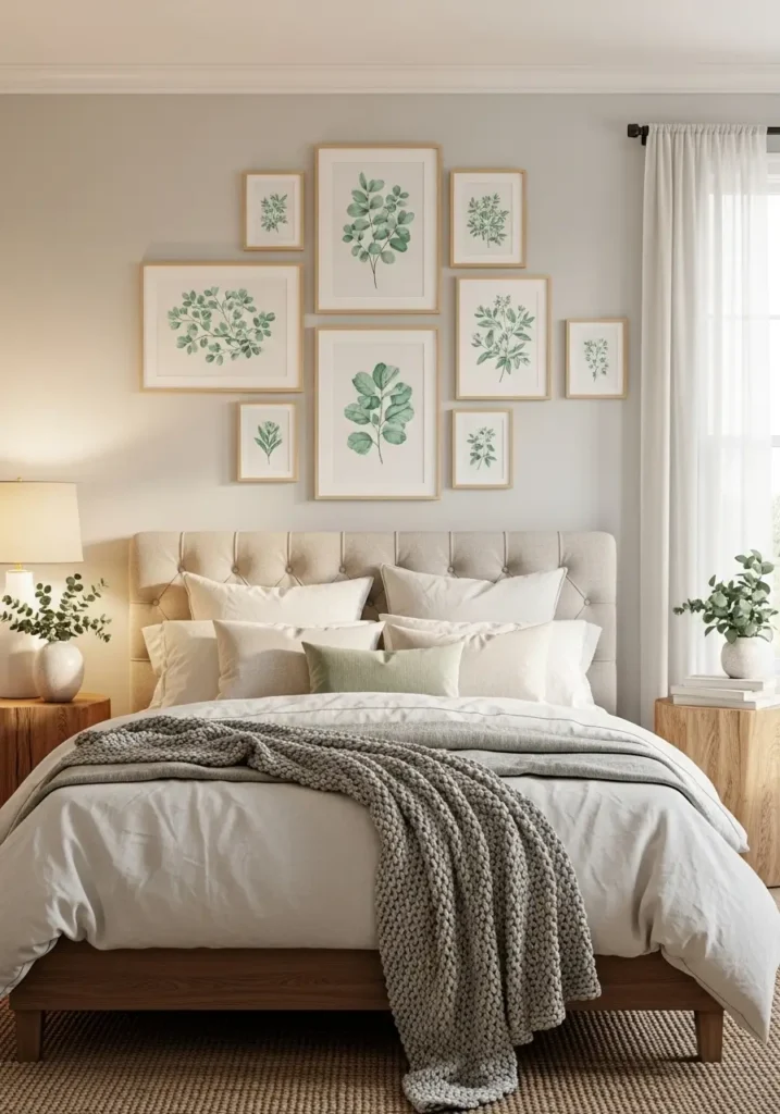 Bedroom wall gallery featuring mint botanical artwork in matching frames, cozy bed below, warm lighting, neutral bedding textures, Pinterest aesthetic styling, realistic shadows and calming pastel interior mood.

