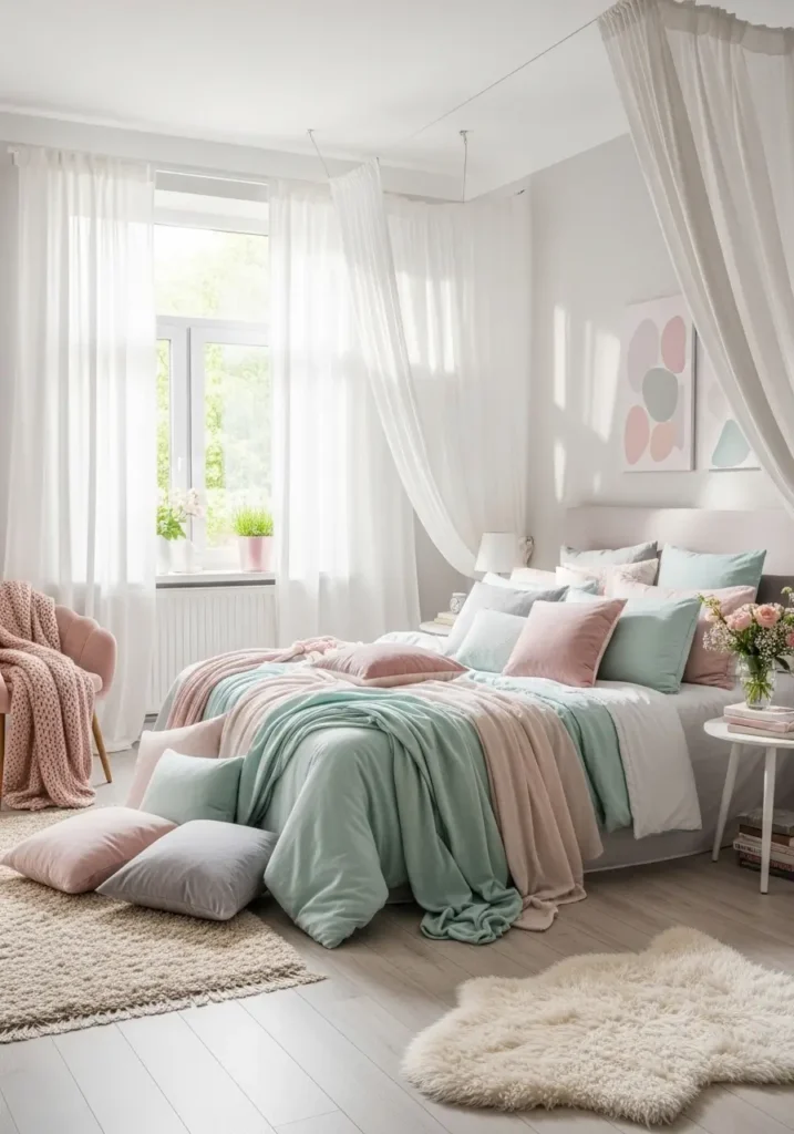 Romantic bedroom styled with mint and blush bedding, layered pastel cushions, airy curtains, warm sunlight glow, cozy textures, Pinterest-inspired feminine interior photography with soft realistic lighting and calm atmosphere.

