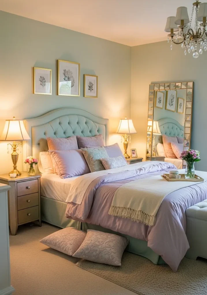 Elegant mint bedroom featuring gold bedside lamps, pastel bedding layers, upholstered headboard, warm ambient lighting, decorative mirror reflections, feminine Pinterest interior styling, realistic cozy atmosphere with balanced pastel and metallic textures.
