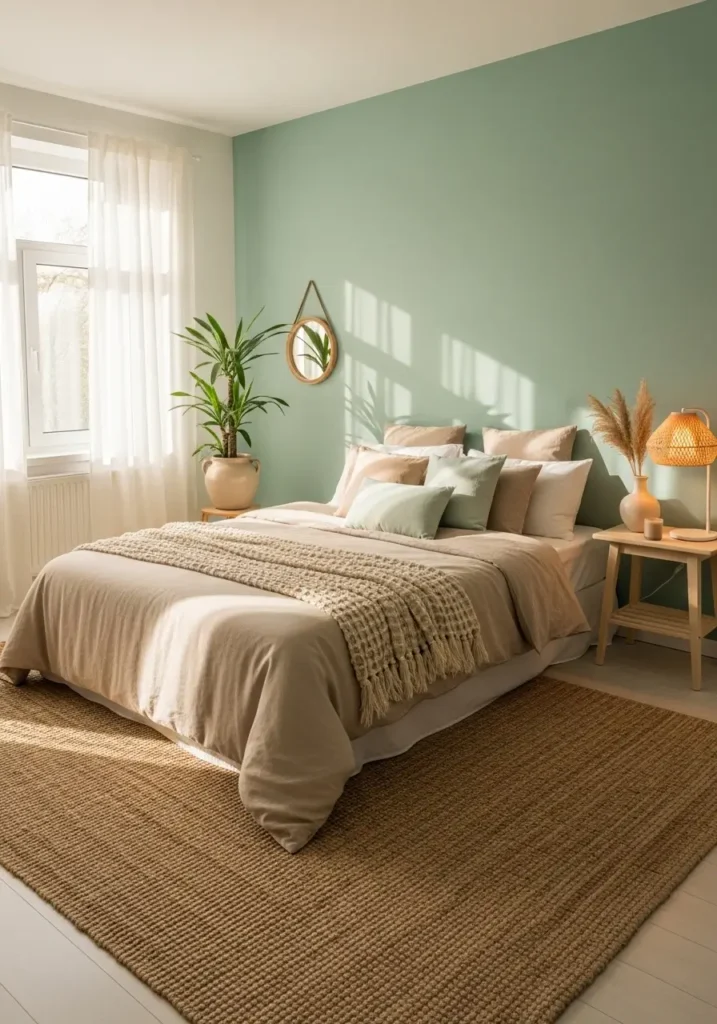Serene bedroom featuring mint accents paired with beige bedding, woven textures, warm sunlight entering through sheer curtains, natural decor elements, Pinterest-inspired styling, realistic interior photography highlighting a calm pastel palette, cozy, feminine atmosphere with balanced lighting and soft textures.

