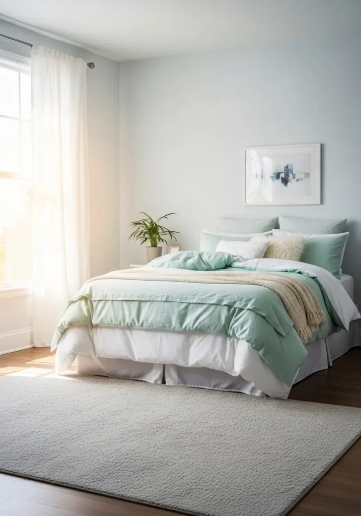 Bright bedroom scene with mint-and-white layered bedding, fluffy pillows arranged casually, sunlight diffusing through sheer curtains, a soft neutral rug beneath the bed, minimal decor styling, a cozy, Pinterest-inspired interior, warm natural lighting, realistic textures that emphasize comfort and softness.