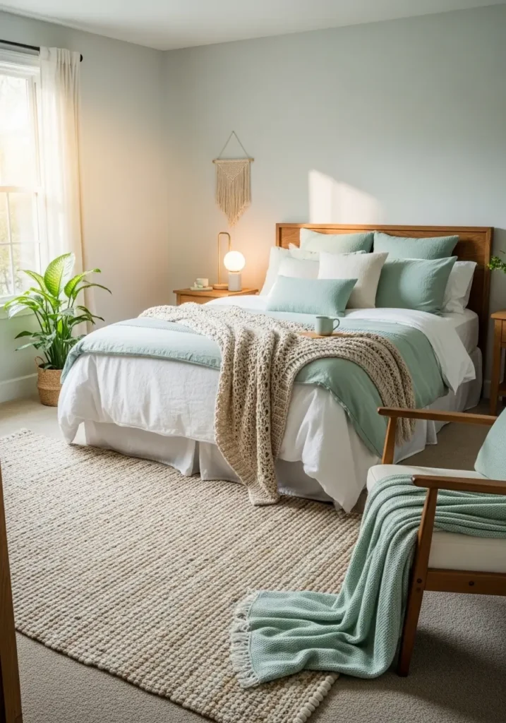 Cozy bedroom with mint accents and natural wooden furniture, warm sunlight entering room, woven rug textures, layered bedding, Pinterest-style interior photography capturing soft earthy tones and peaceful atmosphere.

