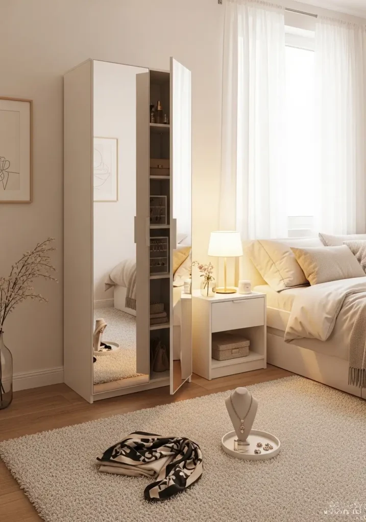 Small apartment bedroom with tall standing mirror cabinet opening to hidden shelves inside, minimal cream decor, warm lighting, soft rug, folded accessories, jewelry trays, clean modern feminine room, bright airy mood, realistic interior photography.