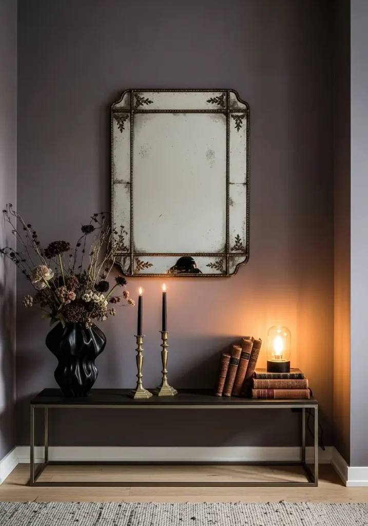 Apartment wall with ornate vintage mirror, slim console table, candle holders, dark flower vase, stacked books, warm lamp light, clean minimal styling, modern renter apartment, elegant feminine whimsigoth decor, tidy layout, subtle mystical mood, rich textures, polished cozy atmosphere.