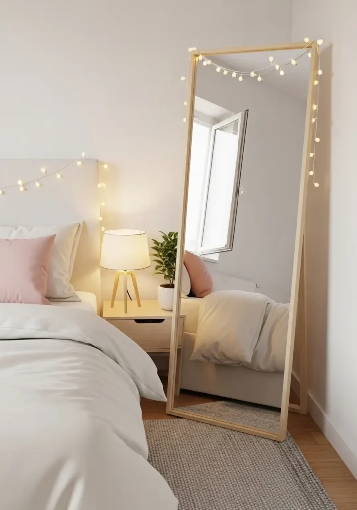 cozy apartment bedroom with tall mirror in corner, soft cream bedding, fairy lights, neutral rug, blush pillow, warm lamp, light wood accents, realistic small bedroom interior, airy feminine mood, reflective light making room feel bigger, stylish college apartment decor
