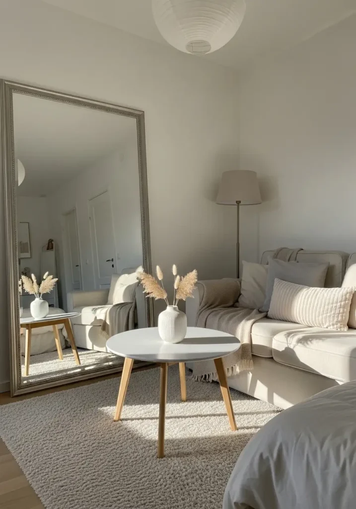 Small apartment with large mirror reflecting light, minimal decor, neutral tones, soft lighting, airy space, cozy feminine interior, modern minimal living, clean layout, bright room aesthetic


