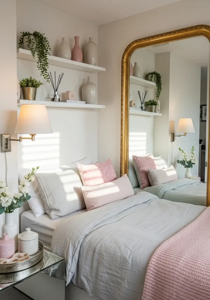 Small loft apartment bedroom styled with a large leaning mirror, light neutral bedding, airy feminine decor, reflective surfaces, compact sleeping nook, soft pink and cream accents, warm lamp light, floating shelves, bright and open feeling, pretty small space styling, elegant textures, gentle sunlight, modern loft charm with visual depth, and cozy atmosphere

