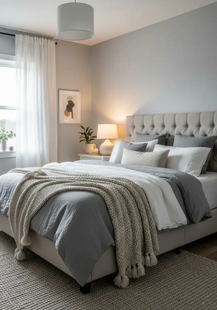 misty gray bedroom with layered textiles, an upholstered bed, warm lighting, minimalist decor, soft curtains, a textured rug, a balanced neutral palette, a cozy atmosphere, realistic photography style, a calm, modern retreat mood with soft shadows.