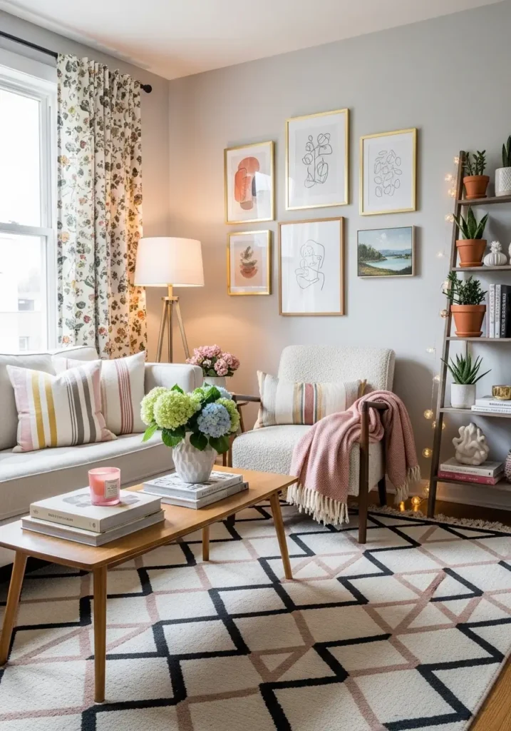 A small apartment living area with mixed patterns including striped pillows, floral accents, geometric rug, soft neutral base, warm lighting, modern eclectic decor, cozy and feminine styling, balanced layered look, artistic but calm mood, high detail apartment interior

