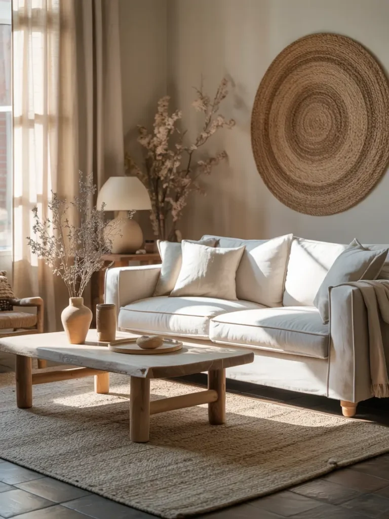 Japandi living room featuring linen sofa, raw wood coffee table, textured rug, ceramic decor pieces, warm daylight filtering through curtains, soft shadows across surfaces, Pinterest-style photography capturing tactile peaceful atmosphere.


