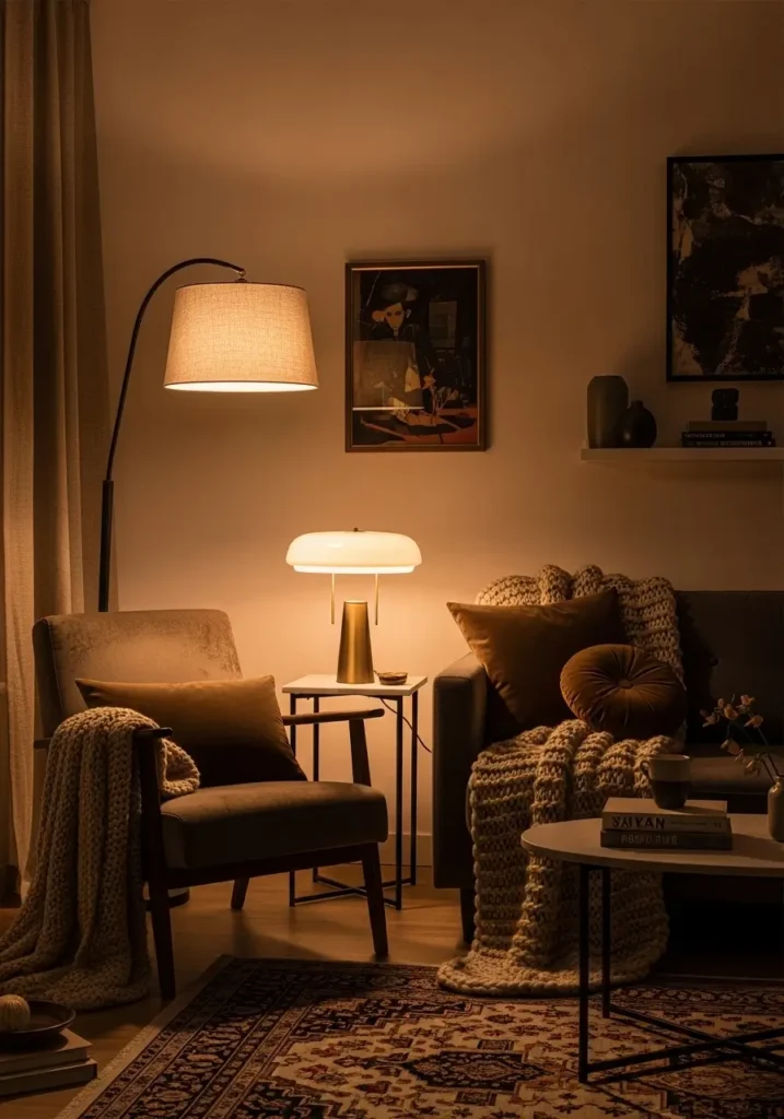 A cozy, small apartment living room with soft neutral tones like beige and cream, styled with bold accent pieces such as colorful cushions, a vibrant abstract painting, and a patterned rug, warm lighting, modern eclectic decor, layered textures, an intimate and inviting atmosphere, soft shadows, high detail interior styling