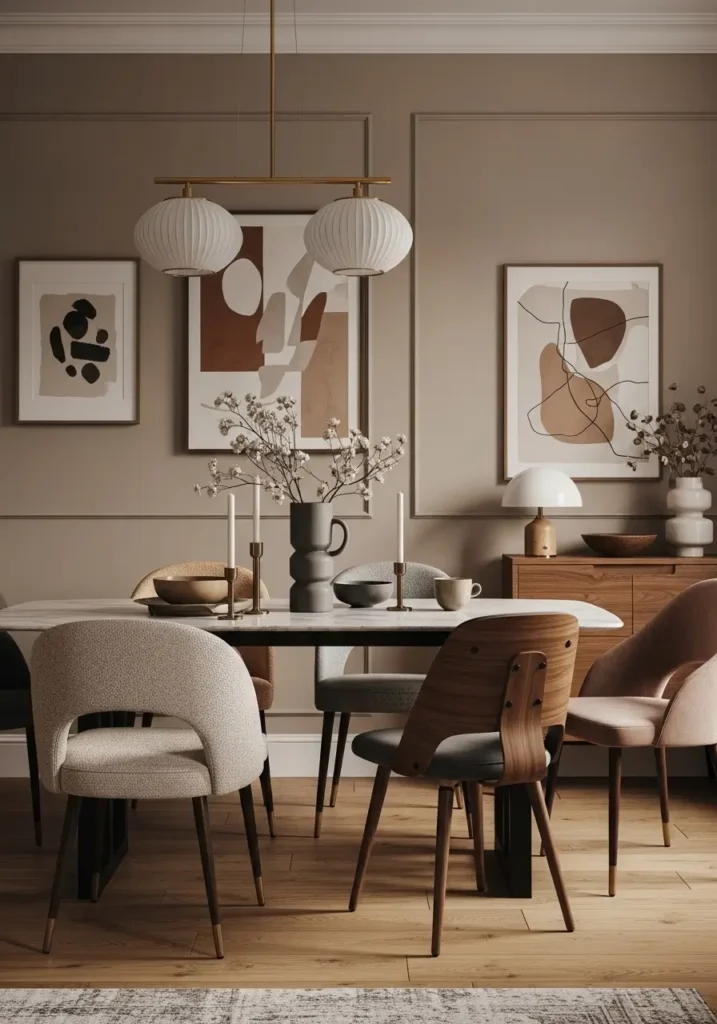 Modern eclectic apartment dining room with mixed dining chairs around a stylish table, soft natural light, warm feminine mood, one chair in boucle, one in velvet, one in wood, balanced collected styling, cozy apartment home atmosphere, layered textures, tasteful wall art, elegant pendant lighting, subtle vintage details, modern decor accents, realistic editorial interior photography, warm neutral palette with muted earthy tones, inviting lived in dining space full of charm and personality

