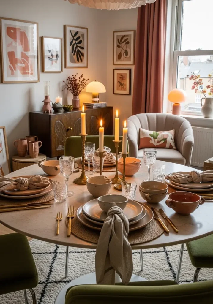 Modern eclectic apartment dining room with mixed tableware on dining table, layered plates, linen napkins, vintage glasses, ceramic bowls, brass candle holders, warm ambient light, cozy feminine apartment interior, realistic editorial styling, collected modern and vintage decor, inviting hosting setup, warm neutral and earthy palette, textured rug, stylish urban dining atmosphere with charm, softness, and personal detail

