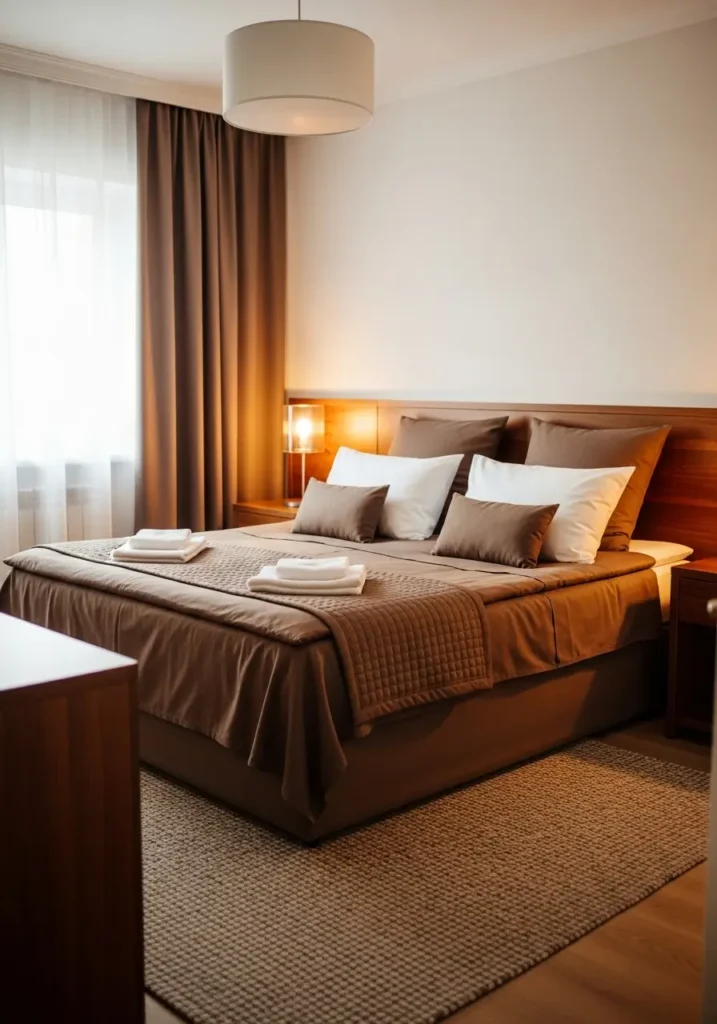 Elegant bedroom featuring mocha-brown bedding layered with warm white pillows, wooden furniture accents, a textured neutral rug, warm bedside lighting, soft daylight entering through the window, Pinterest-style interior photography capturing a cozy, refined atmosphere.

