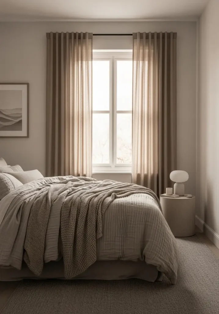 monochrome bedroom with layered beige tones, textured bedding, matching curtains, soft lighting, minimal decor, warm natural light, a cozy atmosphere, and realistic interior photography highlighting tonal harmony and a calm, balanced composition with a serene mood.