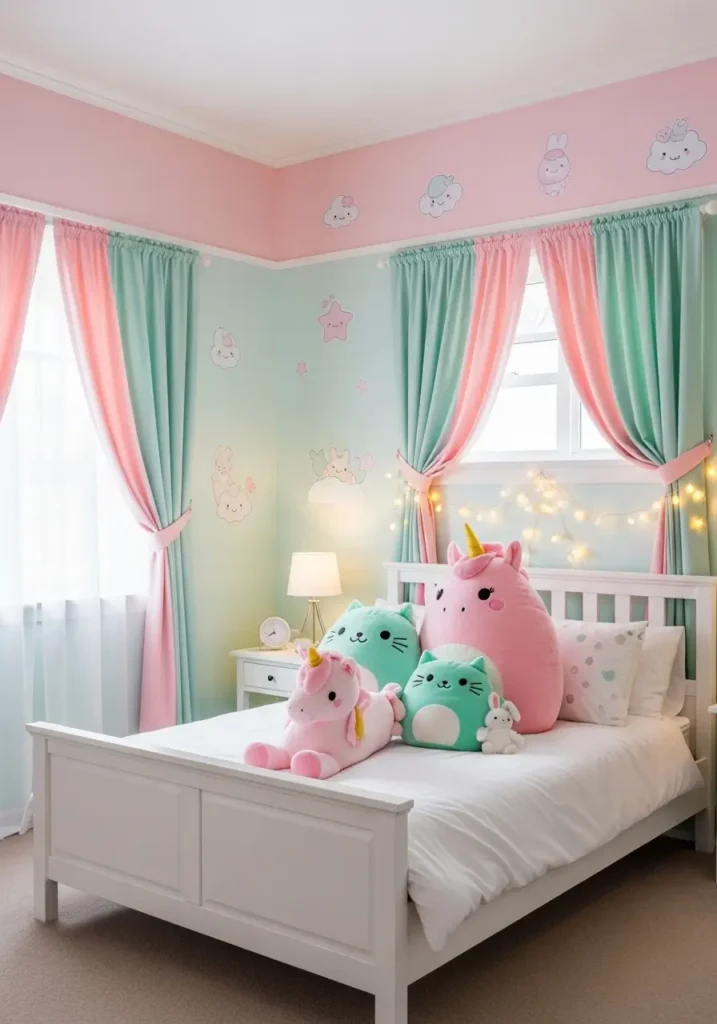A kawaii bedroom with soft pastel pink and mint green walls, white bed frame with plush toys, matching pastel curtains, fairy lights above the bed, and subtle wall decals of cute characters, styled in a cozy girly setup.