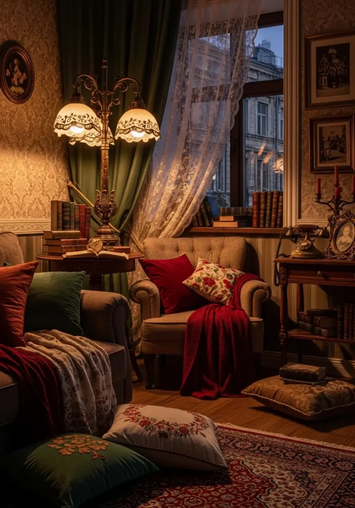 Vintage vibey apartment living room with neutral sofa, classic retro accents, warm wood furniture, patterned pillows, old framed art, soft rug, feminine decor, cozy small apartment charm, nostalgic and elegant styling, layered textures, romantic room feeling, inviting home atmosphere with timeless balance and gentle vintage character