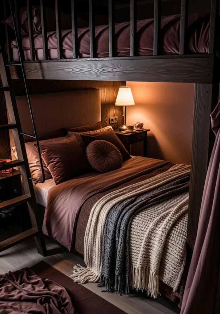 Moody small loft apartment bedroom with deep mauve and cocoa tones, velvet cushions, rich bedding, warm lamp glow, intimate feminine decor, compact loft sleeping area, textured throws, dark wood accents, cozy dramatic atmosphere, soft shadows, elegant small space styling, layered fabrics, romantic evening mood with polished and inviting loft bedroom charm

