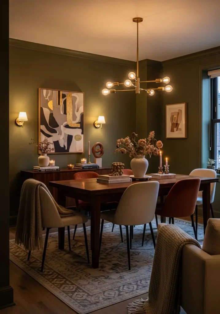 Modern eclectic apartment dining room with moody painted walls in olive or deep taupe, warm lighting, vintage wood table, modern chairs, layered textures, feminine cozy styling, realistic apartment interior, soft dramatic atmosphere, elegant wall art, warm rug, collected decor, stylish urban home, balanced modern and vintage mix, inviting dining corner with rich color depth and beautiful evening glow


