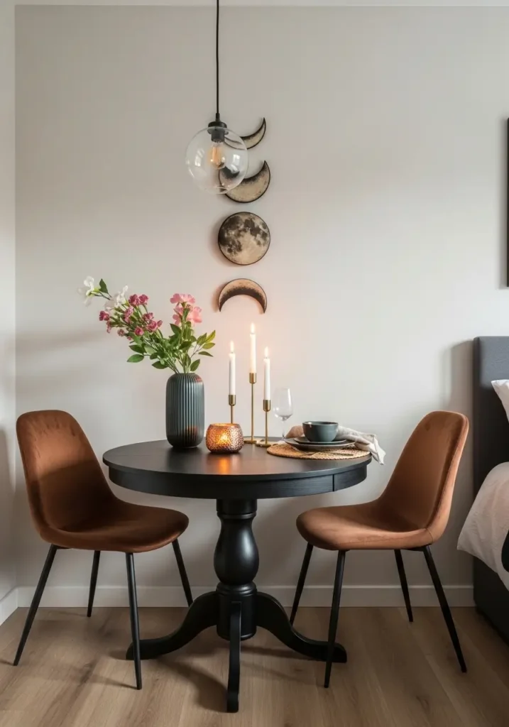 Small apartment dining nook with round dark wood table, two velvet chairs, brass candle holders, moon phase wall art, soft pendant light, clean renter apartment styling, tidy layout, rich moody tones, feminine whimsigoth decor, elegant textures, warm evening glow, minimal cozy setup, polished modern apartment atmosphere with subtle mystical charm.