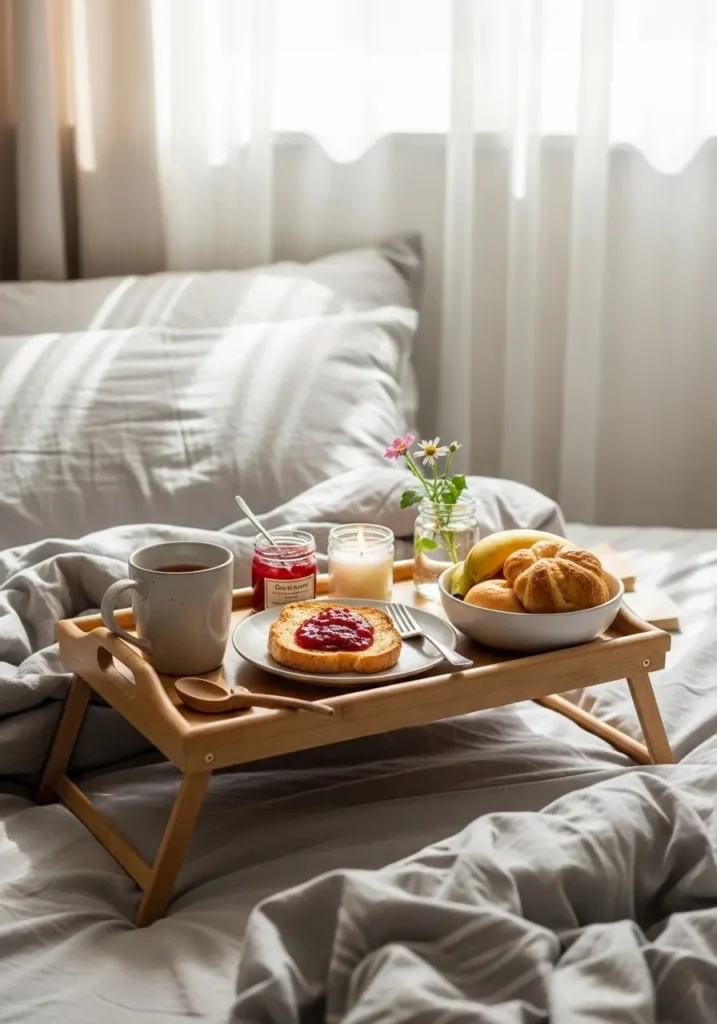 Clean cottagecore bedroom scene with wooden breakfast tray on bed, ceramic mug, croissant, tiny flower vase, ivory linen bedding, warm sunlight through sheer curtains, tidy feminine styling, natural textures, peaceful cozy mood, realistic food details, soft gentle shadows.
