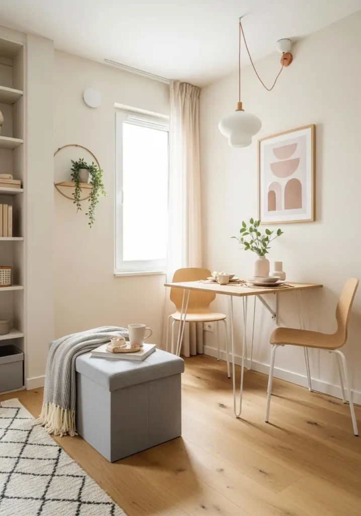 Small apartment with multifunctional furniture, storage ottoman, foldable table, minimal decor, neutral tones, clean layout, cozy modern style, space-saving design, feminine aesthetic, practical minimal living setup

