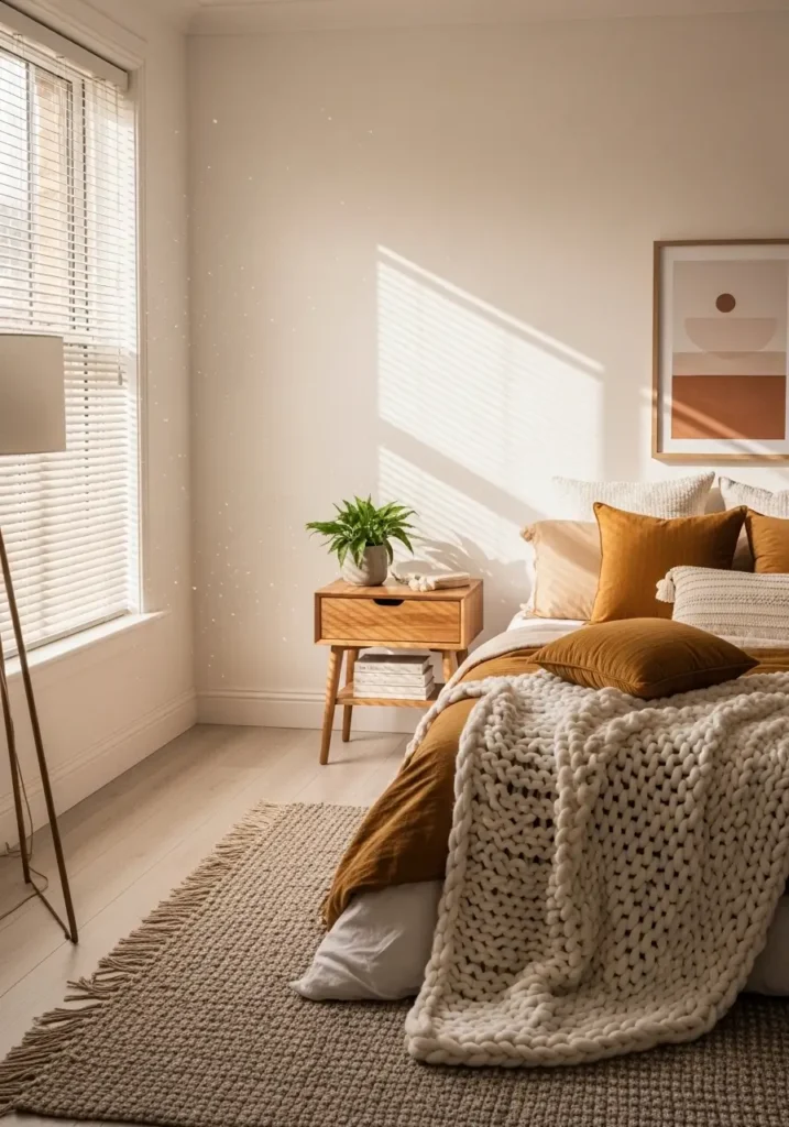 Stylish bedroom featuring mustard gold cushions layered on cream bedding, wooden furniture accents, warm sunlight entering through the window, woven rug texture, soft neutral styling, Pinterest-style interior photography capturing cozy, warm, elegant atmosphere.
