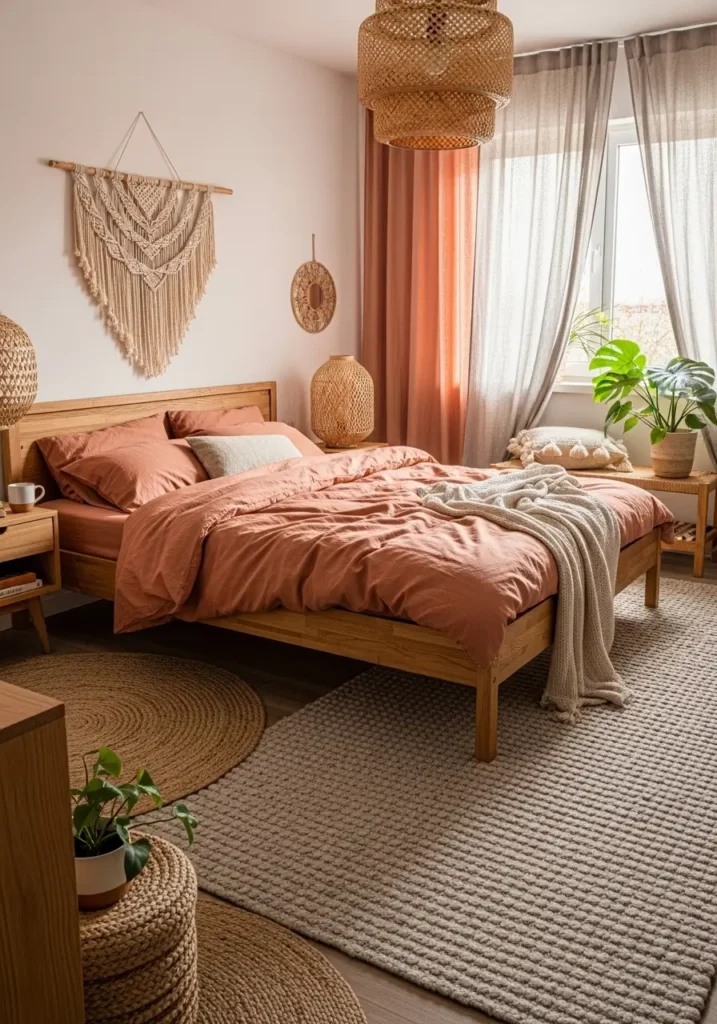 Pinterest-style bedroom with muted coral bedding, wooden bed frame, woven decor accents, linen curtains diffusing sunlight, textured neutral rug, realistic interior photography capturing warm organic atmosphere with cozy natural styling.

